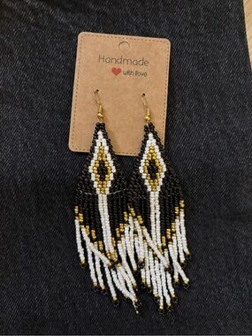 Handmade Black, White & Gold Beaded Fringe Earrings